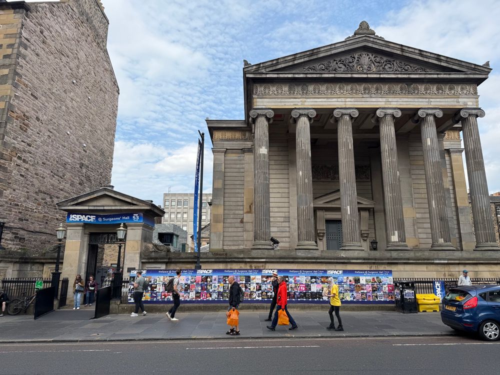Surgeon’s Hall, a rather grand old building with tall columns, in Edinburgh. 
