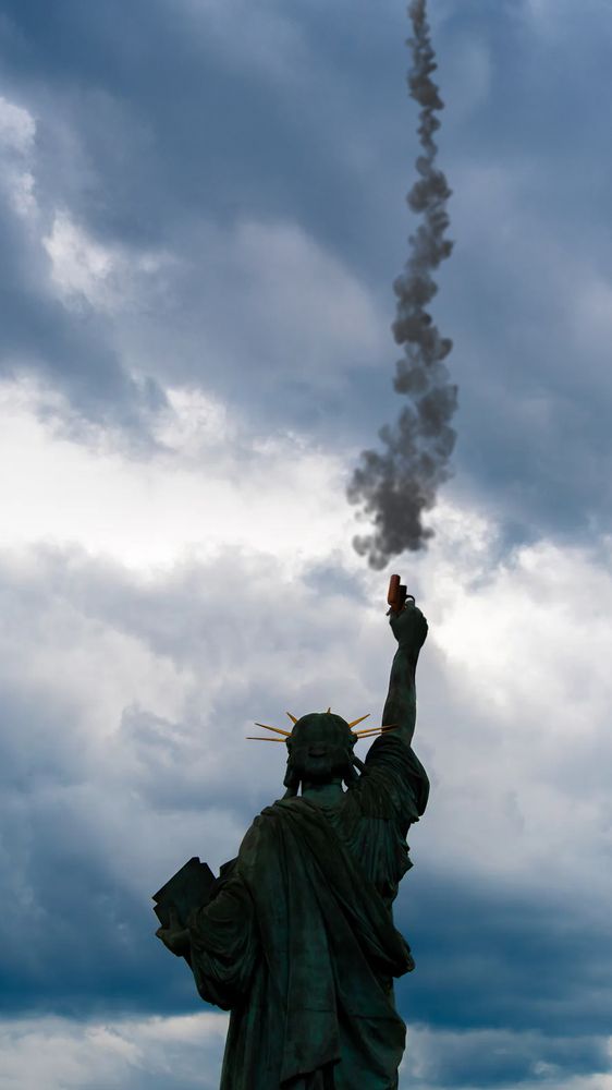 The statue of liberty from behind, but instead of holding up the torch, it's holding up a recently fired flare gun.