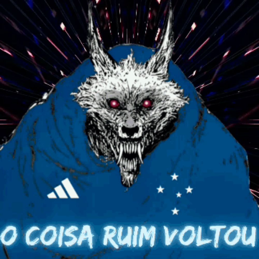 a drawing of a wolf with red eyes and the words o coisa ruim voltou below it