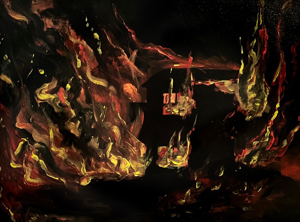 Painting of the artist’s childhood grandparent’s home burning down 