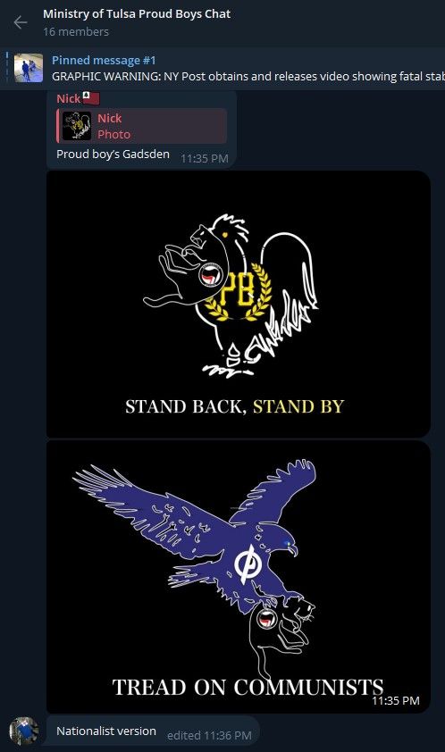 A screenshot of the Ministry of Tulsa Proud Boys Chat on Telegram. "Nick" uploads a handful of images of fascist-coded animals, including the Proud Boy rooster and the eagle from the Vanguard America logo, attacking the same antifascist cat image. The Proud Boy image is marked "Stand Back, Stand By." The Vanguard America image is marked "Tread on Communists."