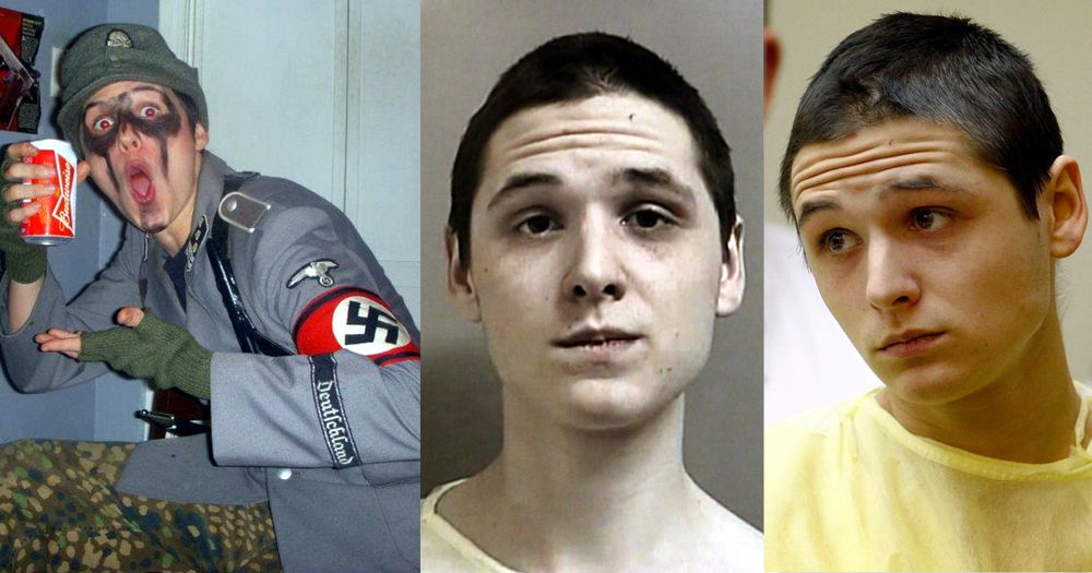 A triptych of images of Mike Beaudry of Bridgewater MA. The first is of Beaudry circa October 2011. He is sitting in what is possibly his bedroom, gesturing to a can of Budweiser. He is wearing a replica Nazi military uniform, featuring Hauptsturmführer-rank patches, a totenkopf on the hat, a Nazi Reichsadler and a red Nazi armband on the upper left sleeve, and a "Deutschland" arm ribbon on the lower left sleeve. The wall behind him has several magazine posters and ads concerning firearms taped to the wall, including one of what is apparently a Colt M1911 and another displaying an arsenal of firearms manufactured by Fabrique Nationale. The second is a mug shot of Beaudry, taken February 4th, 2013. The third is a photo of Beaudry in court during his arraignment for the murder of his father, taken February 5th, 2013.