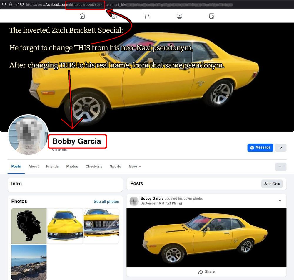 A screenshot of a Facebook profile belonging to Bobby Garcia of Killingworth CT. The profile URL reads "philip.roberts.96780671", whereas the profile name is set to Bobby Garcia. The screenshot has been vandalized to read "The inverted Zach Brackett Special: He forgot to change THIS," with an arrow pointing to the URL, circled in red, "from his neo-Nazi pseudonym, After changing THIS," with an arrow pointing to the profile name, circled in red, "to his real name, from that same pseudonym." Garcia's name on his Facebook profile was previously marked as "Phillip Roberts" as of 2021 or thereabouts, until he deanonymized himself sometime before or during October 2025. For reference, the classic Zach Brackett special starts with a normie Facebook profile that gets converted into a pseudonymous neo-Nazi profile, while forgetting to change the profile URL into something that doesn't reveal one's own name.
