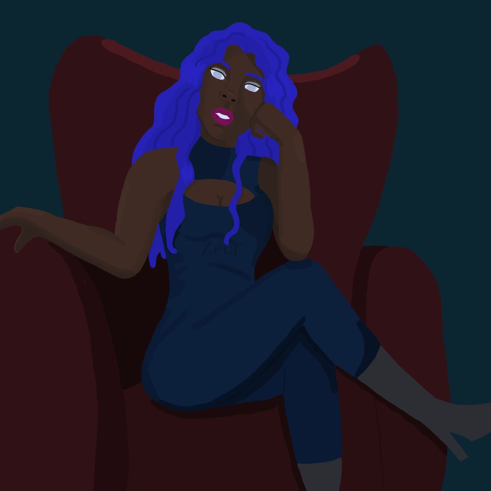 Digital drawing of a Black woman sitting on a red chair. She has her legs crossed and her chin is resting on the back of her hand. She has long, wavy blue hair and cloudy eyes. Her outfit is a blue one piece set with gray boots. 