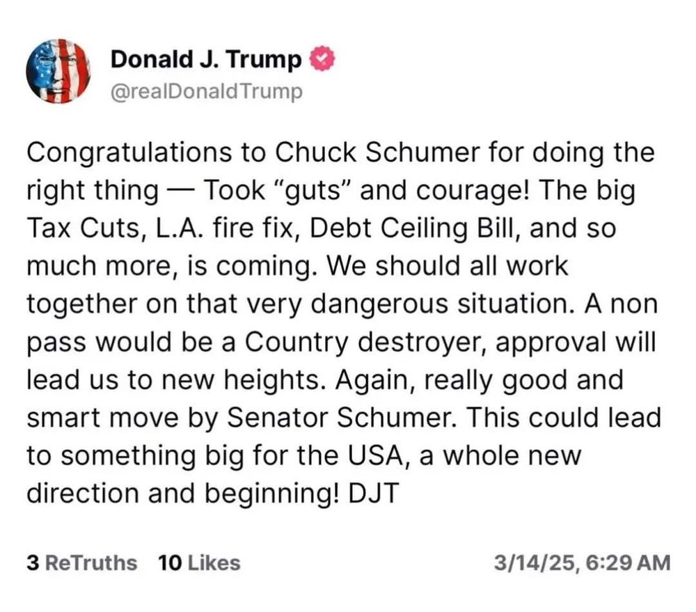 Truth Social post from Trump congratulating Schumer for joining MAGA over country. 