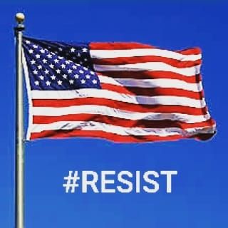 The American flag at full mast with the word #RESIST underneath which means don't comply in advance and stand in the way of those who would subvert what the flag represents. 
We do not kneel to a would be king. 
