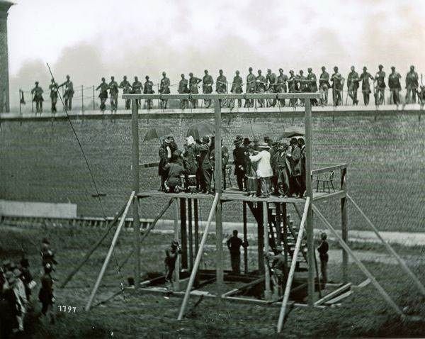 4 of the Lincoln assassination conspirators were executed on July 7, 1865. Mary Surratt, Lewis Powell, David Herold, & George Atzerodt were found guilty of conspiring to assassinate gov officials, including Lincoln. 
The hangings took place at the Old Arsenal Penitentiary in Washington, D.C. 