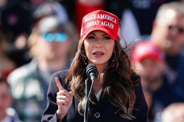 DHS Sec Kristi Noem is wearing a red political campaign hat that reads Make America Great Again
She is on record as saying that she killed her puppy and wants to remove locally elected leaders from office. 