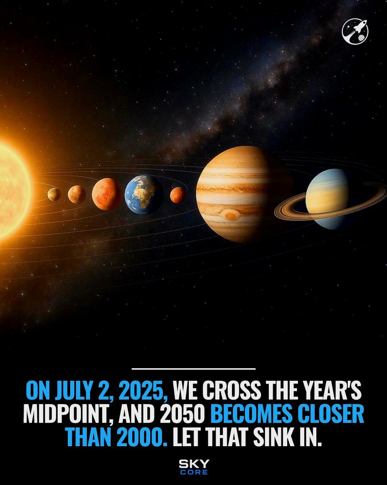 Artistic rendering of the solar system with the caption:
On July 2, 2025 we cross the year's middling, & 2050 becomes closer than 2000. Let that sink in. 