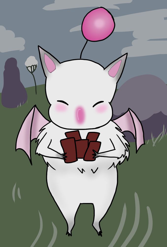 A moogle holding a bunch of triple triad cards hap hazardly in it's paws