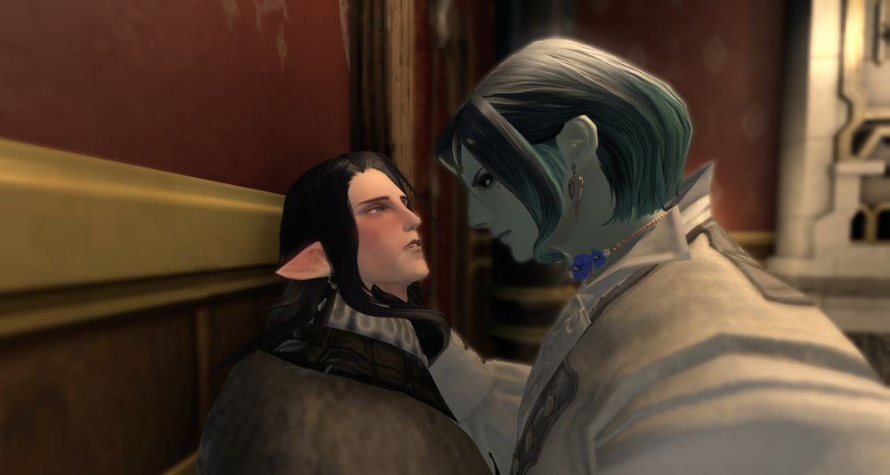 Val holding Artoirel against the wall by the throat, he is blushing.