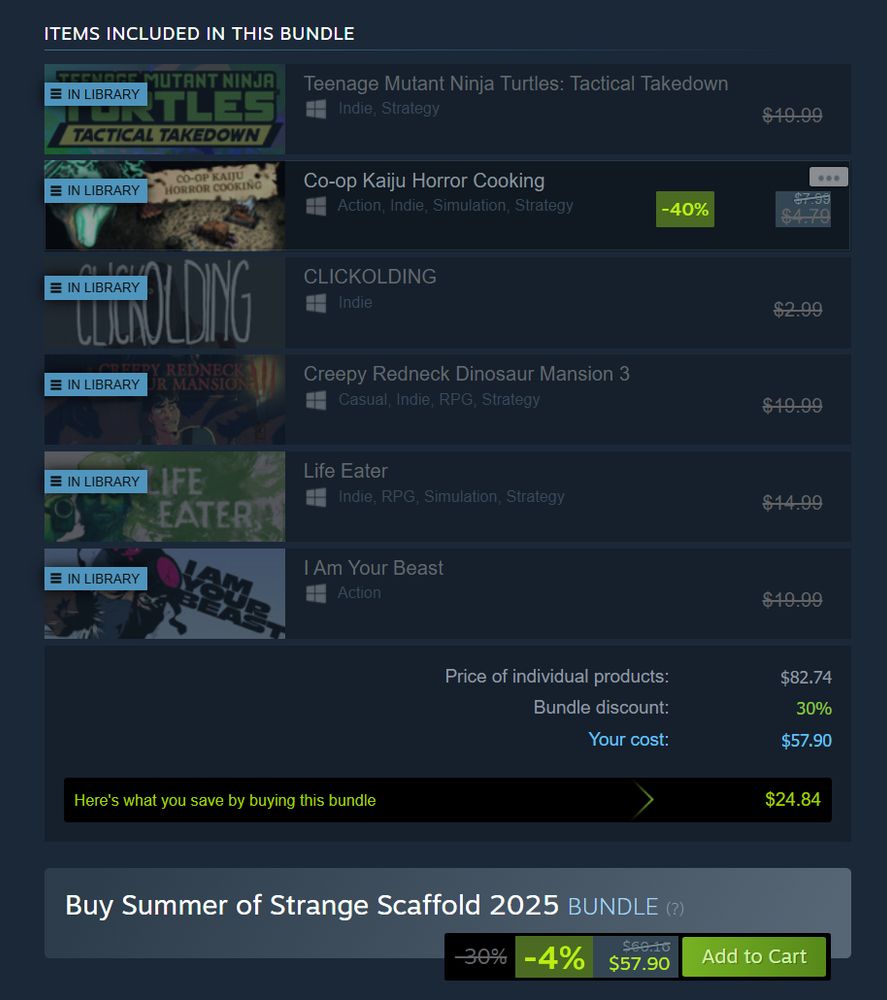 A bunch of games inside of a screenshot, sourced from Steam. Co-op Kaiju Horror Cooking is displayed in this screenshot, with a further 30% discount on top of its launch discount sale price.