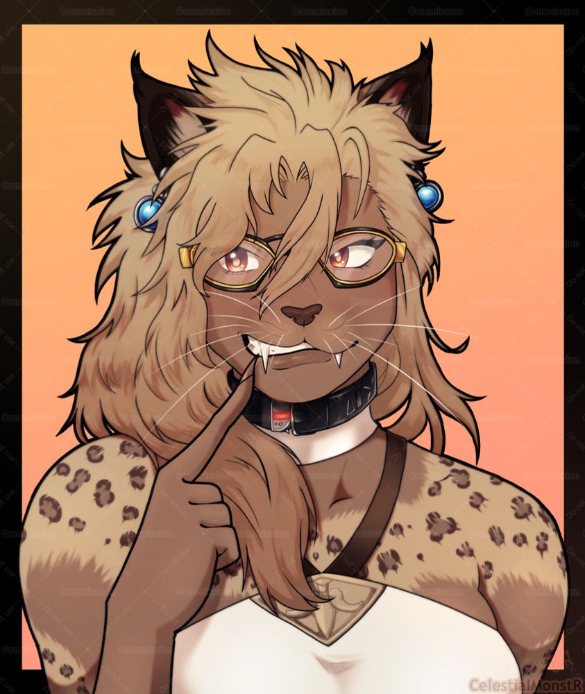 an FFXIV warrior of light, who is a female hrothgar, grinning mischievously while looking to the side, she's using one of her claws to clean her teeth off of something.