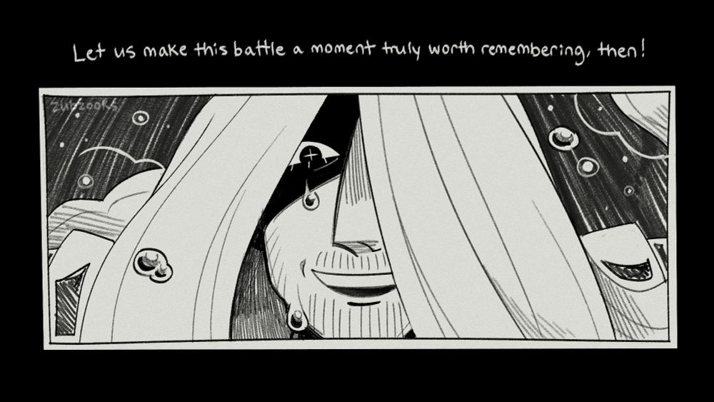 the king says, "let us make this battle a moment worth remembering, then!" his face lights up with a smile, a glimpse of his eye becoming visible from behind his cascading hair.