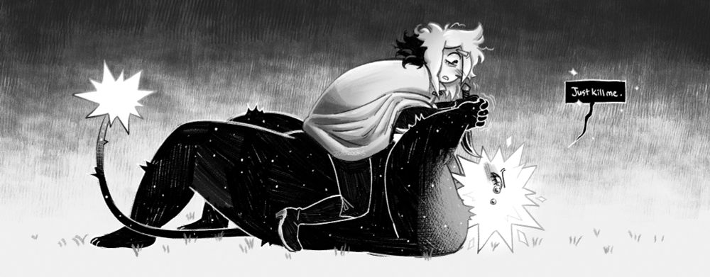 siffrin over top of loop, holding their knife. loop has both hands around the knife, gripping tightly and trembling, holding it over their face. they are both looking into each other eyes with sadness and intensity. loop is saying "Just kill me."