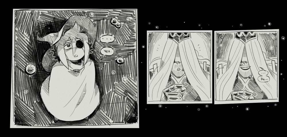 siffrin looks up at the king and is silent at first, but finally says "yes." the king looks surprised, then he smiles, more tears falling from his face. "ha..." he chuckles.