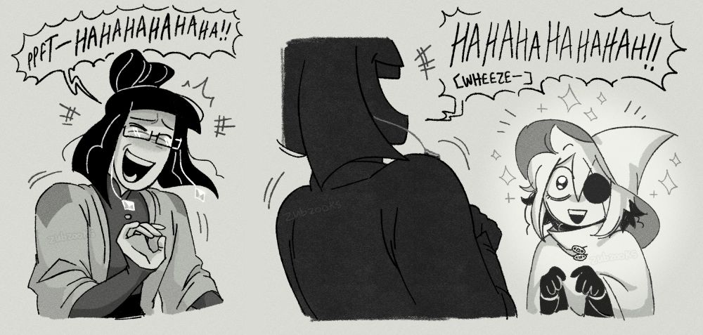Odile from In Stars And Time laughing uproariously while Siffrin looks extremely overjoyed