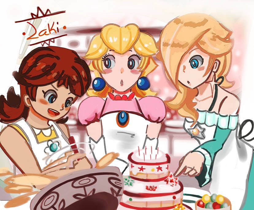 Drawing of Princess Peach, Princess Daisy and Rosalina in a kitchen making cakes. Daisy is rigorously stirring a bowl of cake batter, Rosalina is decorating a cake with star bits and Peach is watching on, mildly concerned.