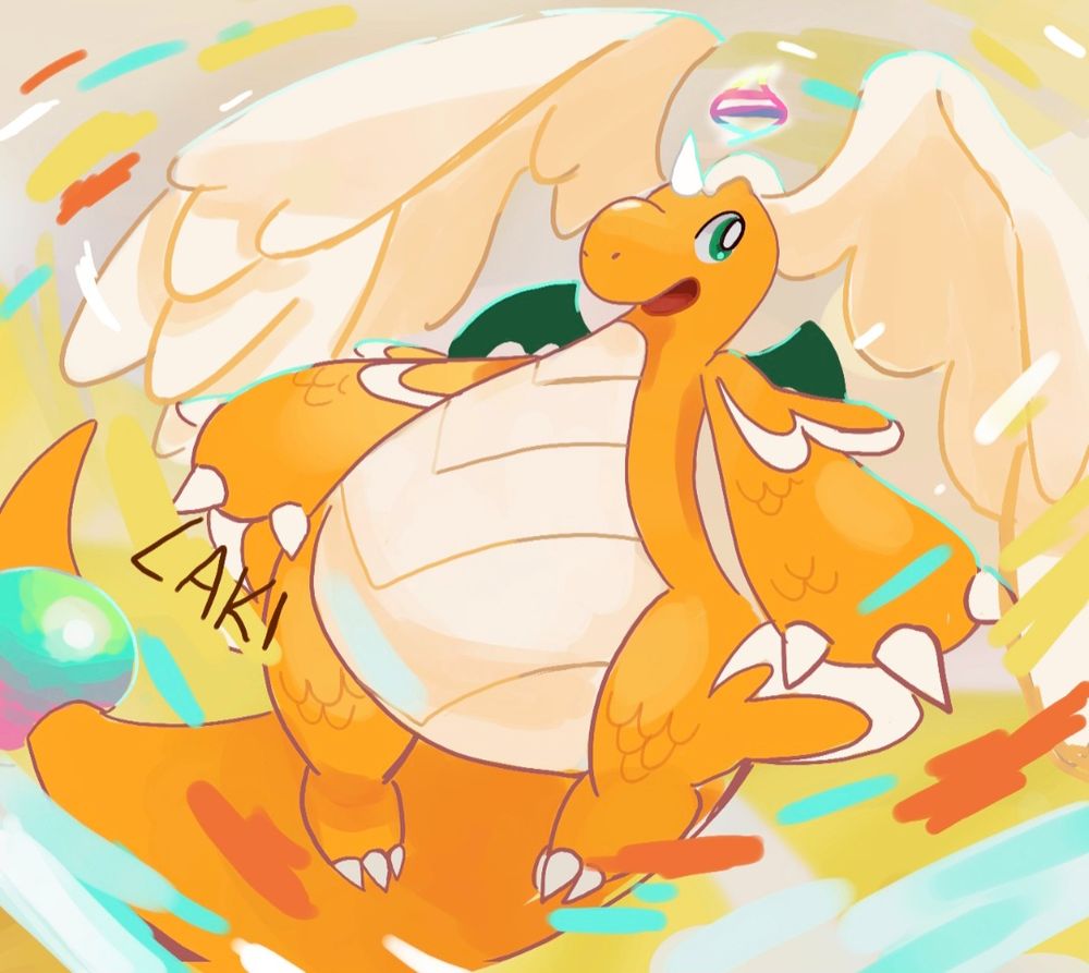 Drawing of a Mega Dragonite, arms and wings outstretched