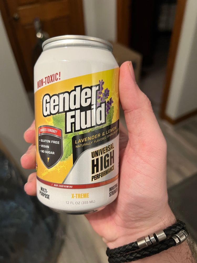 Can of Gender Fluid from OmegaMart on Las Vegas. It’s non toxic, gluten free, vegan, and universal high performance all in a lavender and lemon flavor 