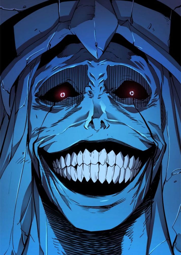 The God Statue from Solo Leveling smiling. It is a horrible blue statue with a giant smiling mouth, black lips and eyes with glowing red pupils 