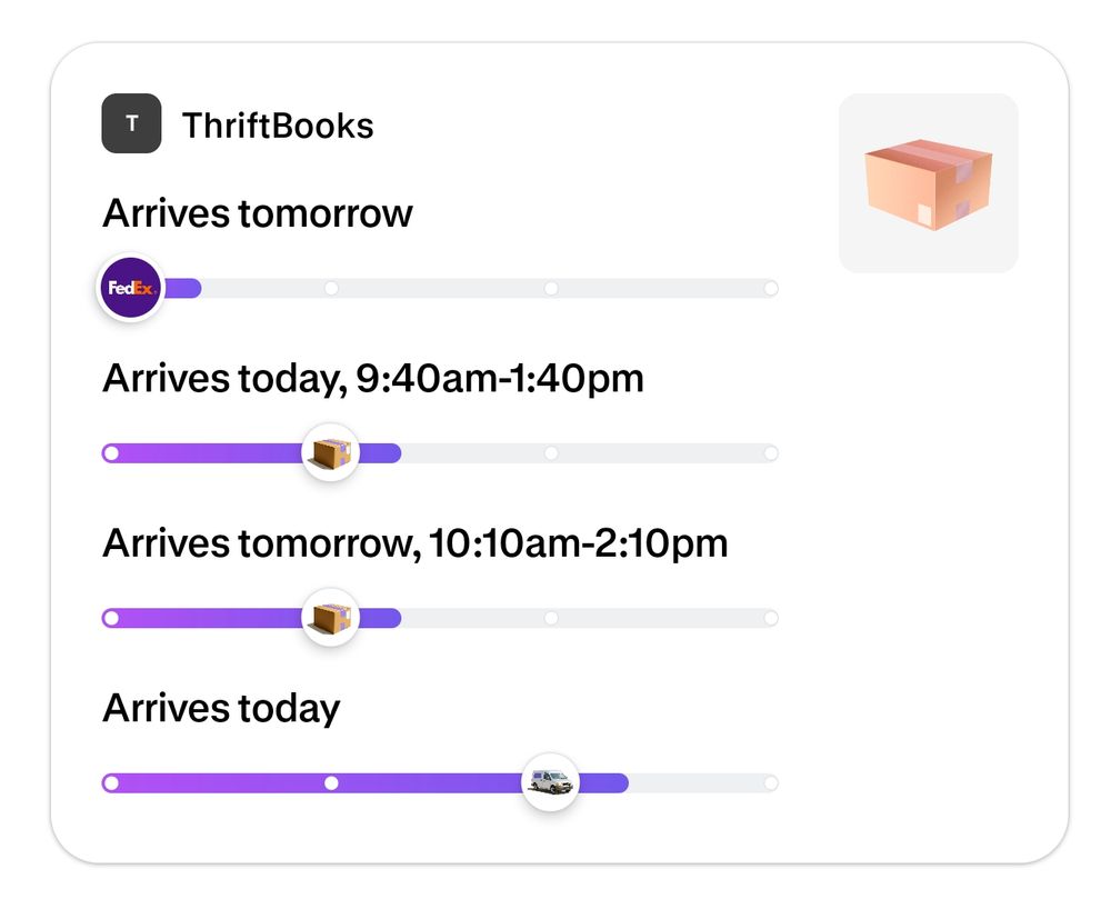 Screenshot of the four shipments Shop claims are coming from ThriftBooks - two are set to arrive tomorrow and two today.