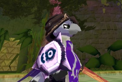 A close-up side profile of the raven with his sword and shield drawn.