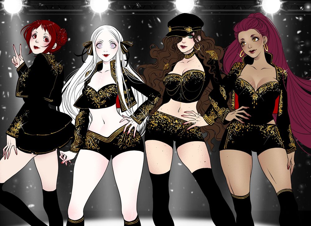 Edelgard, Monica, Dorothea, and Petra in sparkly kpop outfits