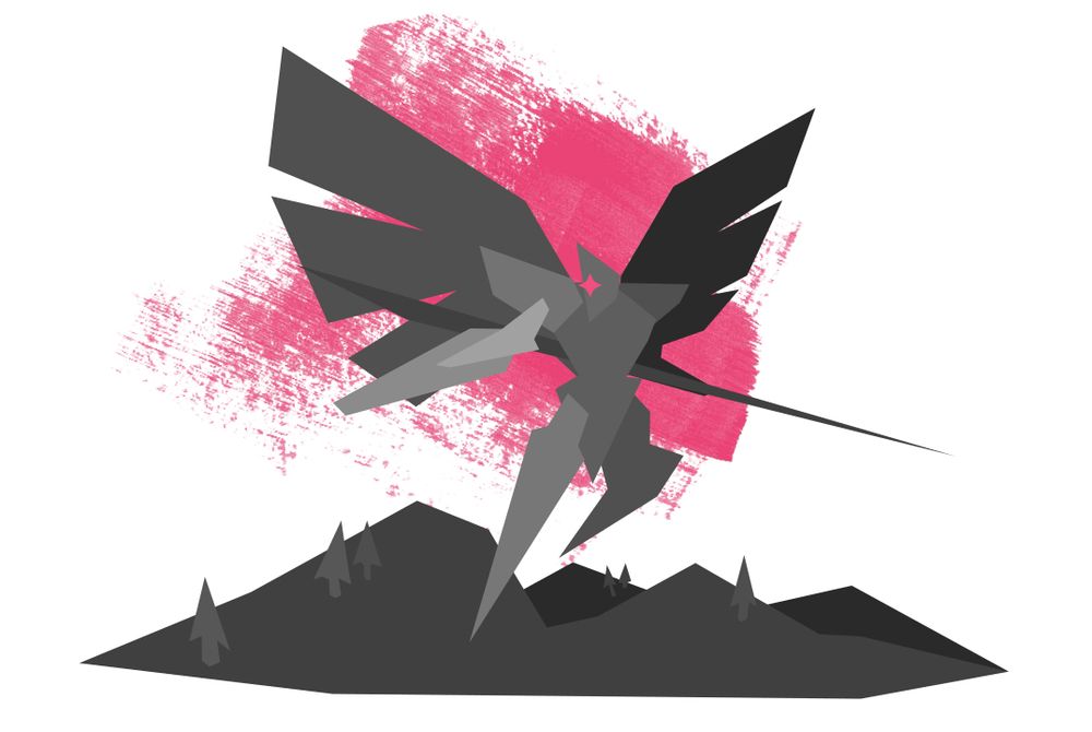 Minimalist vector sprite of a winged mecha with a lance
