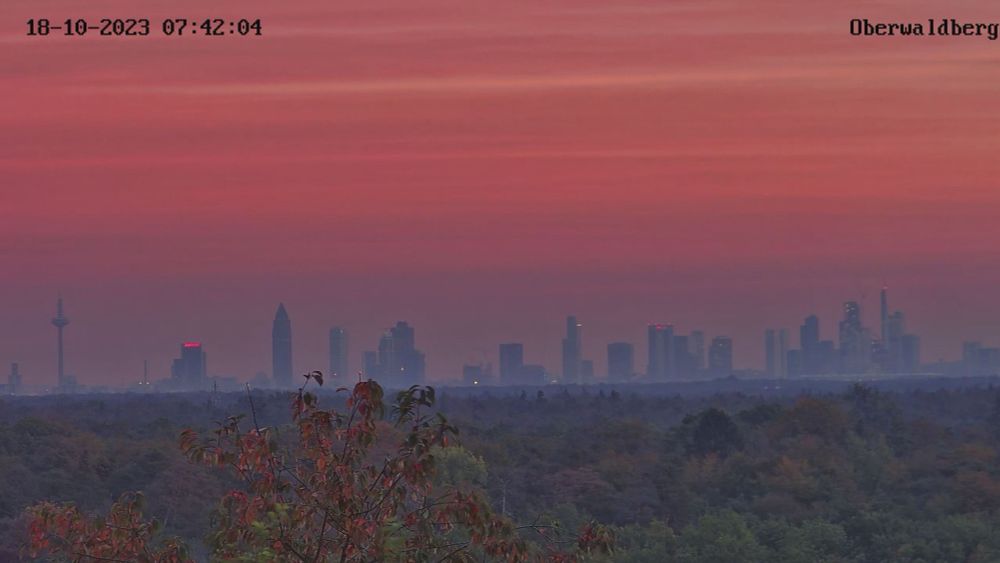Sonnenaufgang mit rotem Himmel über der Skyline von Frankfurt am Main