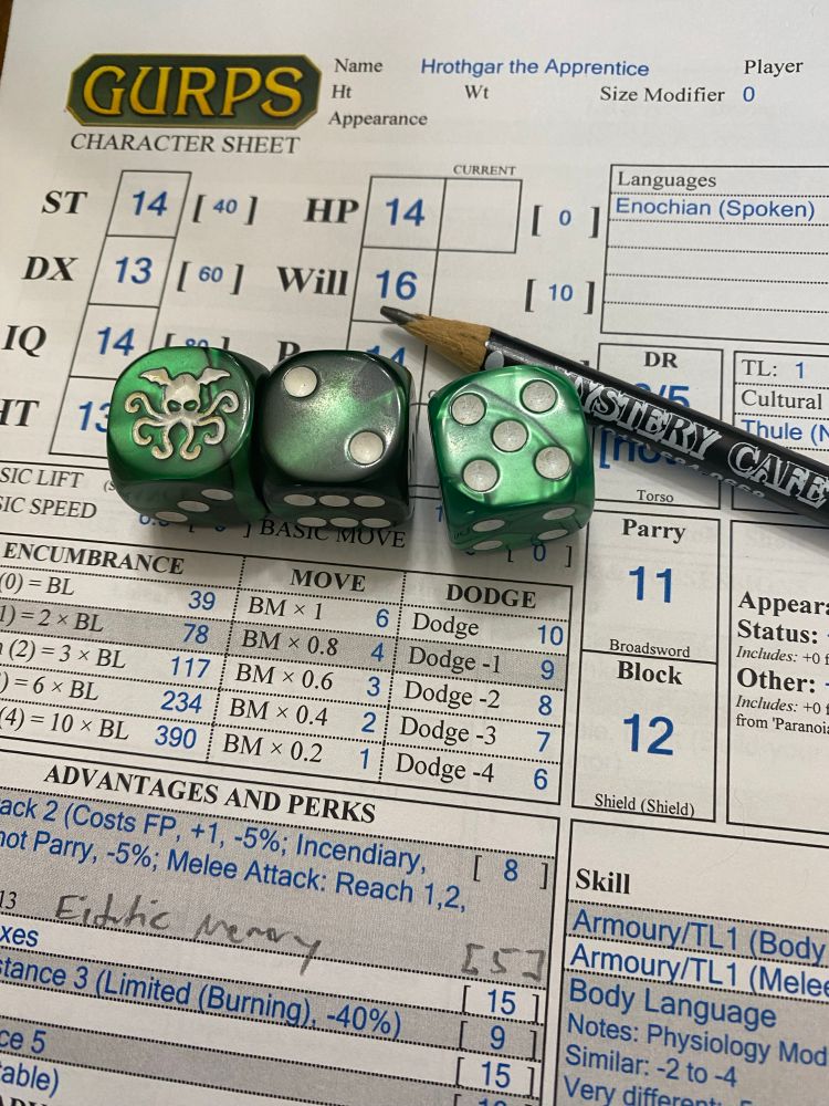 Picture of GURPS character sheet, dice and a pencil