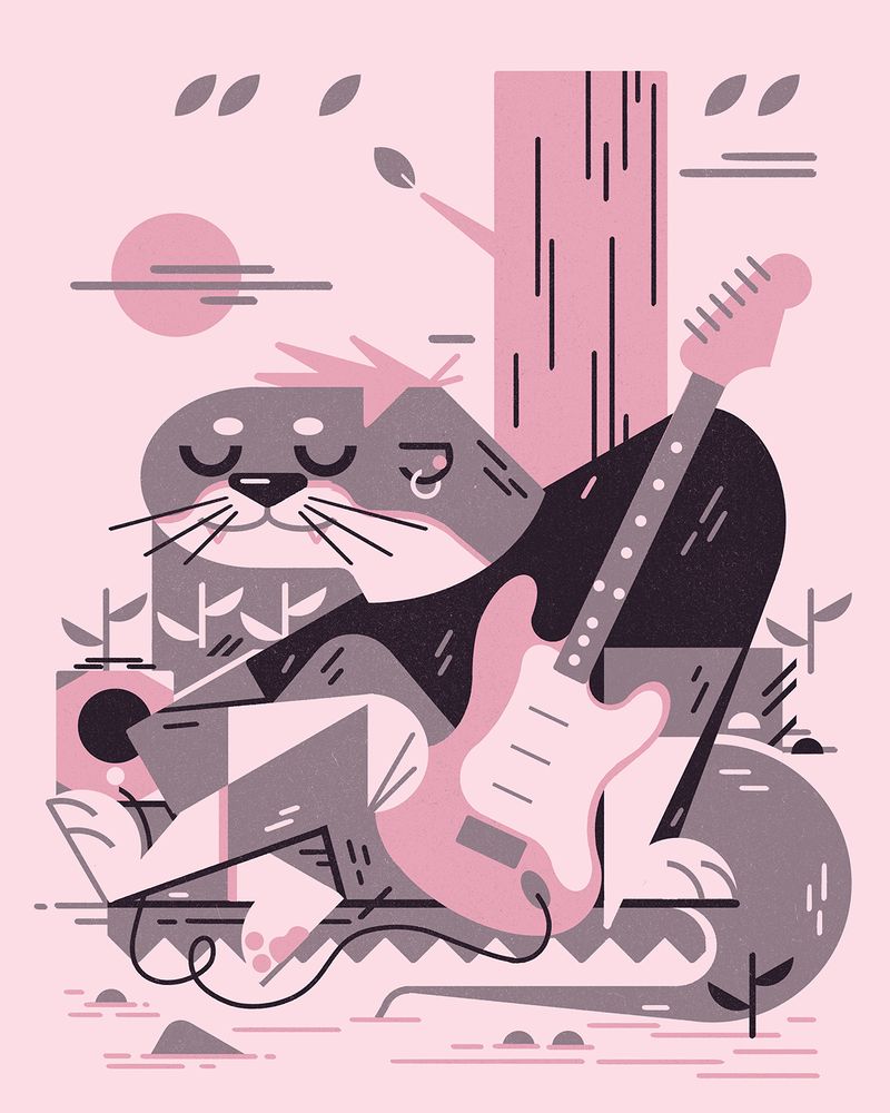 2021 limited color fursona portrait

in grey black and pink, a river otter sits with a stratocaster and amp by a stream