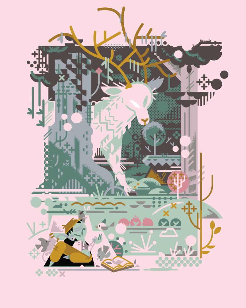 2025 full color commission 

in a dense forest, a goblin hides behind a rock and summons with the aid of a spellbook 3 spectral birds. On the horizon, a giant white elk turns its gaze towards their hiding spot.