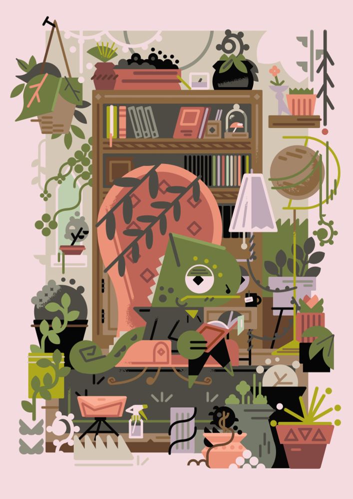 2024 full color commission 

a nonplussed chameleon glances up at the viewer from their book. around them, plant life grows beyond the borders of their pots. 
commissioned for a book worm with an impressive indoor garden.
