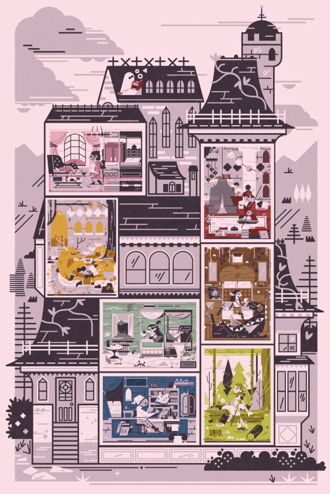 limited color rpg party portrait - members of an adventuring party pass the time in their rooms of an overgrown manor