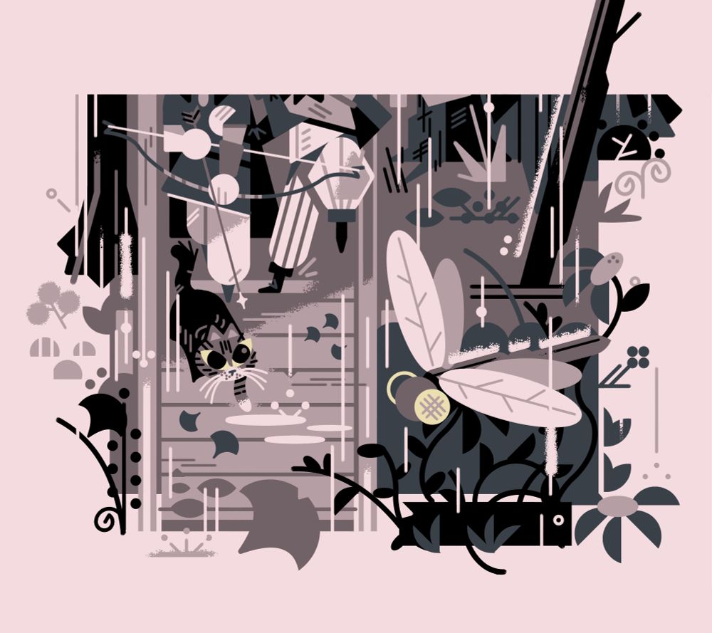 2025 - crop from a limited tone fantasy family portrait 

Two adventurers walk in the rain on a board walk in the woods, one with a bow at the ready, the other excitedly pulling her close. Their cat looks towards the foreground, where a dragonfly rests on a flower. 