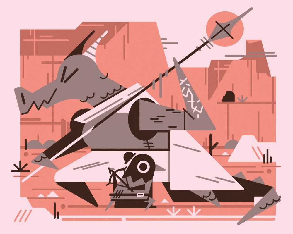 limited tone dnd character portrait

A large dragonborn stances up with an equally large spear, its tip nearly blocking out the sun. In front of her, a kenku roughly one tenth of her mass brandishes a crossbow. They are depicted in grey and dark brown, the desert landscape behind them in a coral pink. 