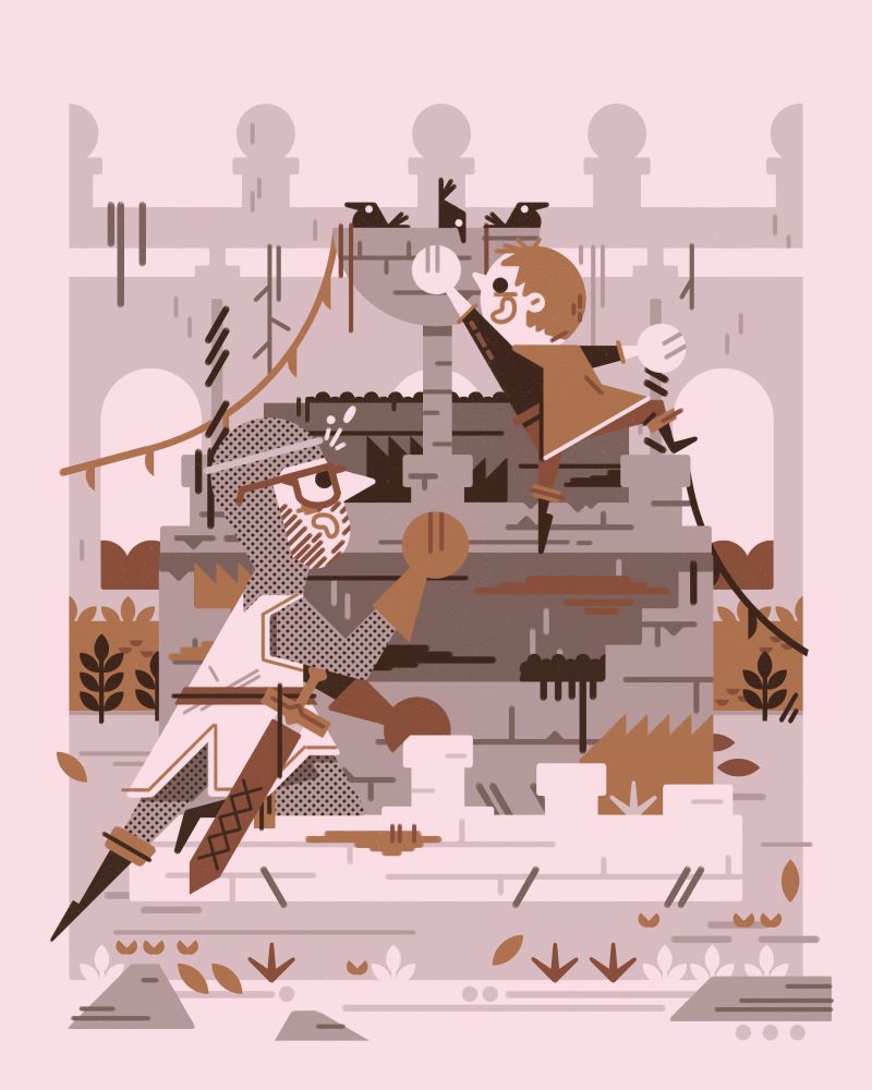 2022 limited color fantasy family portrait 

a princeling climbs an overgrown dry fountain in a courtyard, reaching towards a nest of birds in its basin. his attendant, a knight in chain mail rendered in screentone and wearing thick glasses, chides him
