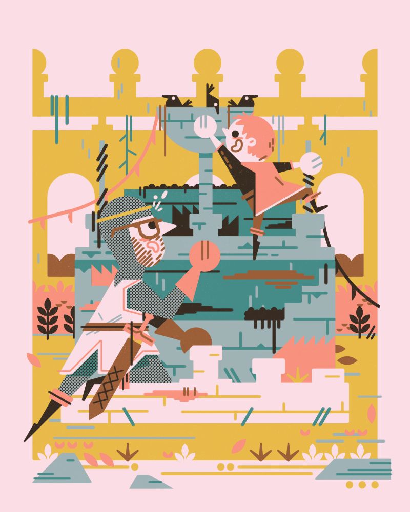 2022 limited color fantasy family portrait 

a princeling climbs an overgrown dry fountain in a courtyard, reaching towards a nest of birds in its basin. his attendant, a knight in chain mail rendered in screentone and wearing thick glasses, chides him