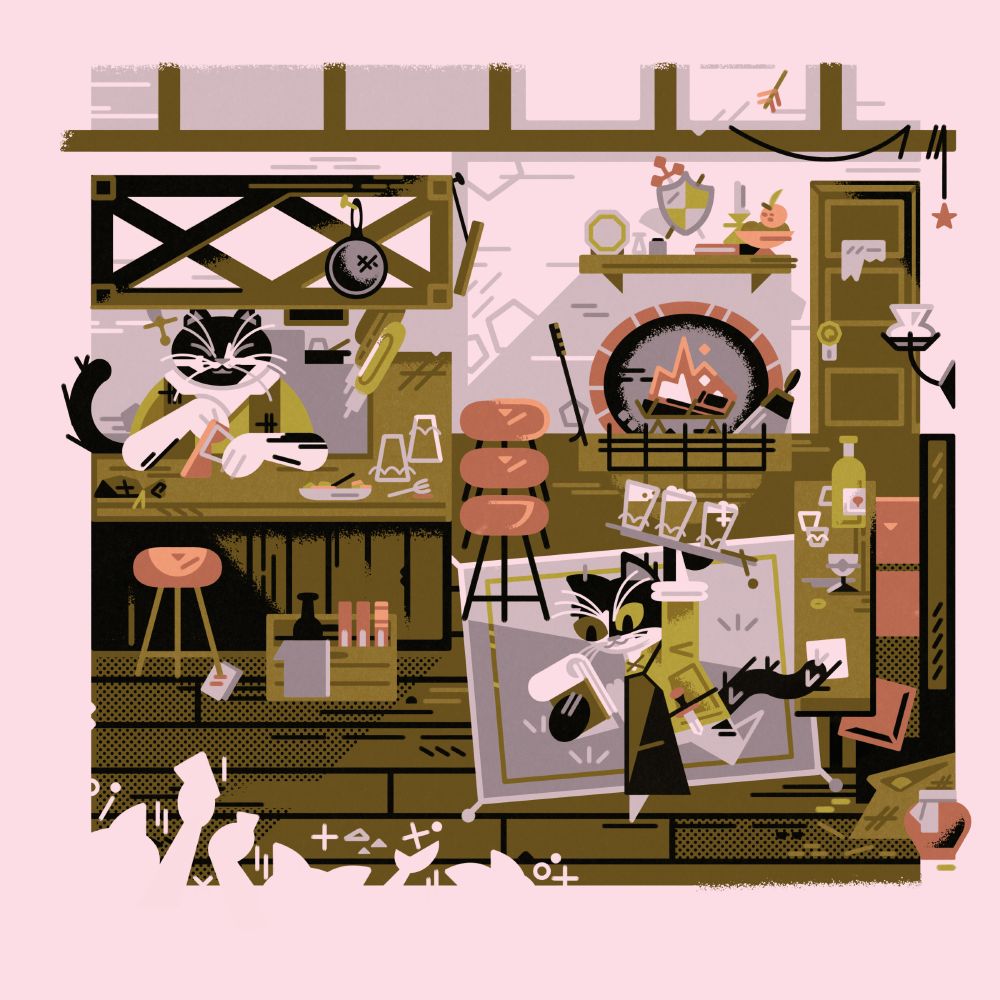 2025 limited color fantasy pet portrait 

Two tuxedo cats toil away in a tavern. One cleans dishes behind the bar while another consults his notes and balances beers on a tray. The patrons have left playing cards, empty plates and glasses, and other objects around the rear of the bar, gathering in the front in drunken merriment. 