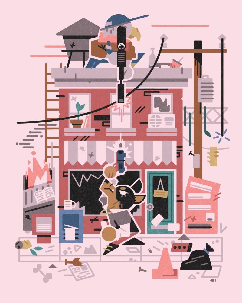 illustration commissioned for friends vs friends in may 2023 - two anthropomorphic animals, and eagle and dog, shoot at one another around a disheveled two story building