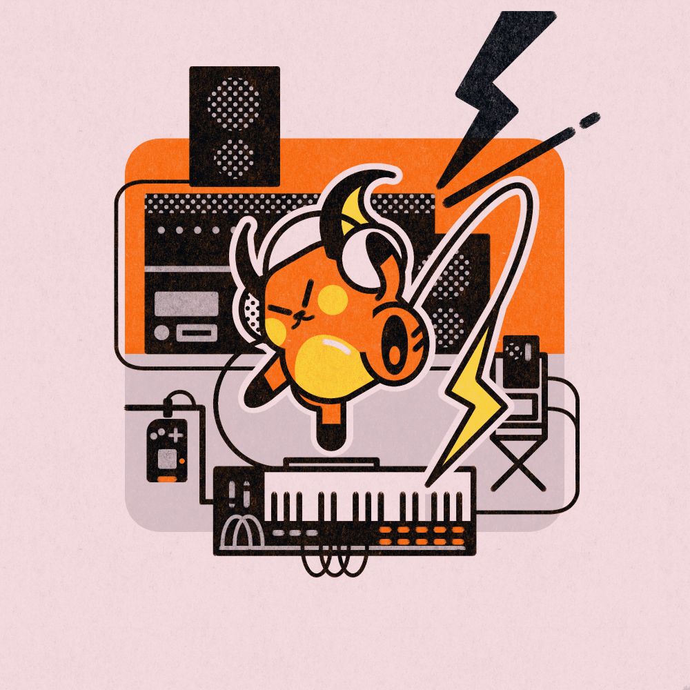 2024 limited color commission of a raichu playing a modular synth