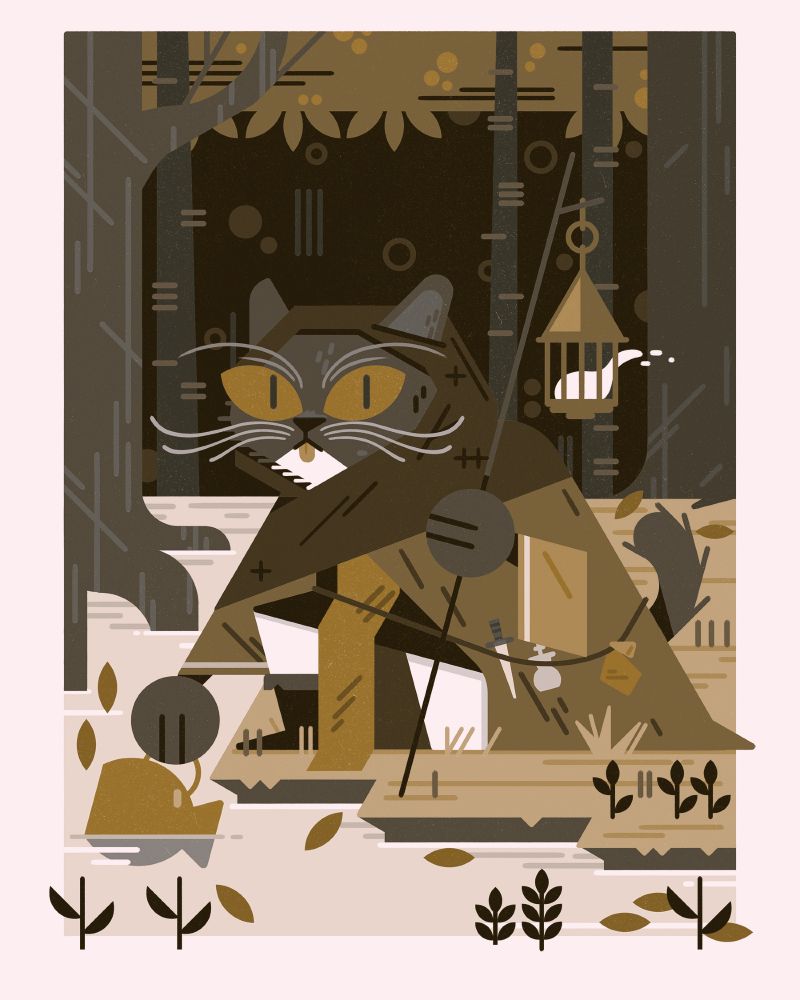2021 limited tone fantasy pet portrait

in a dark golden wood, a cat adorned in a cloak and carrying a lantern on his staff dips a vessel into a clear stream. His eyes stare with intent behind the viewer. 