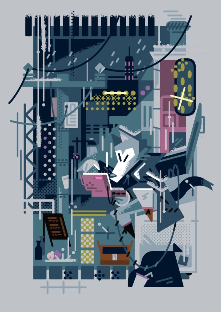 2024 full color commission 

perched on a dumpster, a wolf in a heavy coat uses a small chunky laptop. Power lines extend into a rainy multicolored light shadow of a city behind him. 