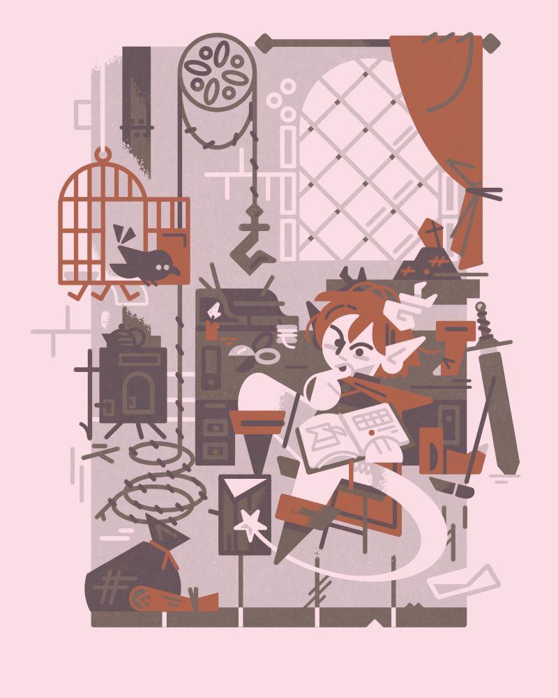 2024 limited color dnd commission 

a tiefling rocks back on the legs of a stool- consulting a tome for crafting recipes. materials for their task lay around their studio.