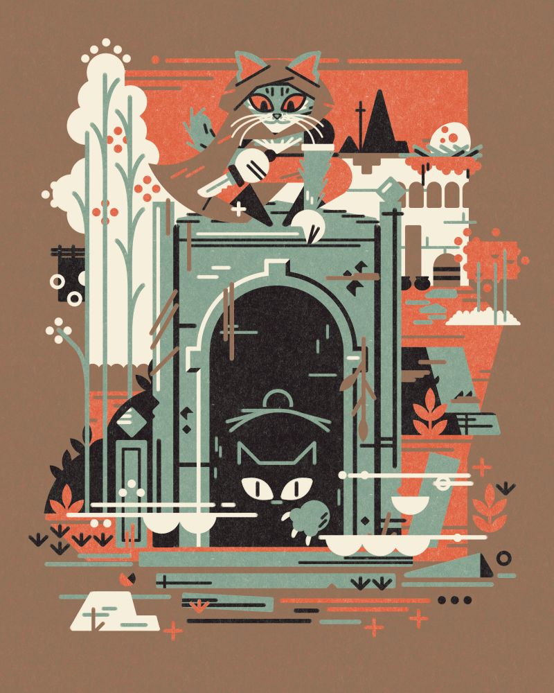 2022 limited color fantasy pet portrait illustration. 

a rogue sits at the top of an occupied mausoleum, dagger at the ready. on the horizon is the walls of a small city, a steeple of a church, and a large rocs egg