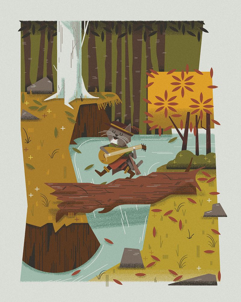 Autumnal Bard - a 2019 fantasy pet portrait of a cat walking across a convenient fallen log bridge over a stream while singing to welcome the fall. the grass is yellowed and dotted with fallen leaves