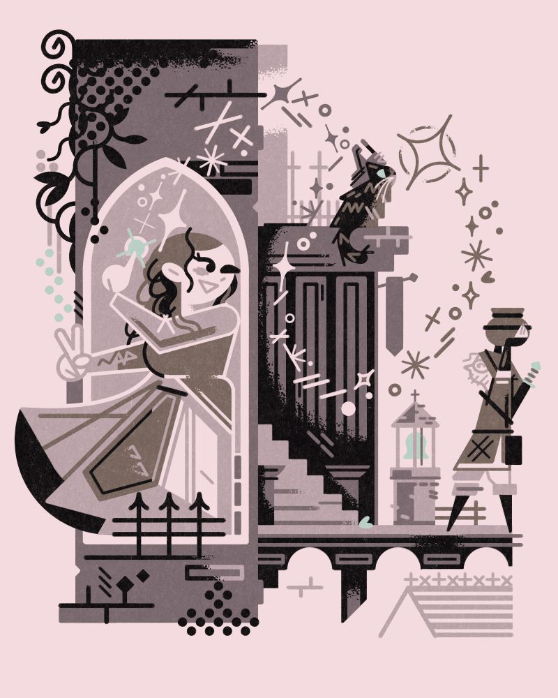 2025 limited tone fantasy family portrait 

in a castle tower zelda sends out a spell (resembling her side b from smash bros), which trails along the composition and rests in front of her cat, wearing a stone helmet. a scraggly man dressed as link holds a jar aloft. 