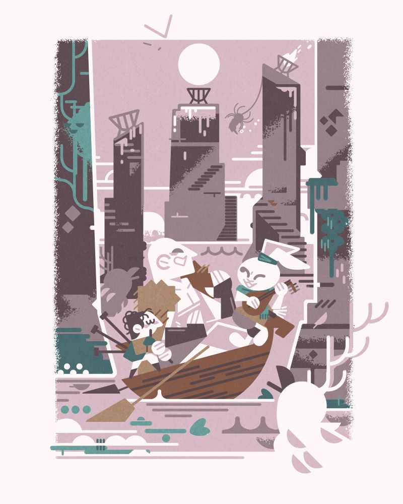 limited color rpg party portrait 

A gnome, a rabbitfolk, and a colossus put on a concert at a lakes ruins, while their druid polymorphs to light beacons in the background.