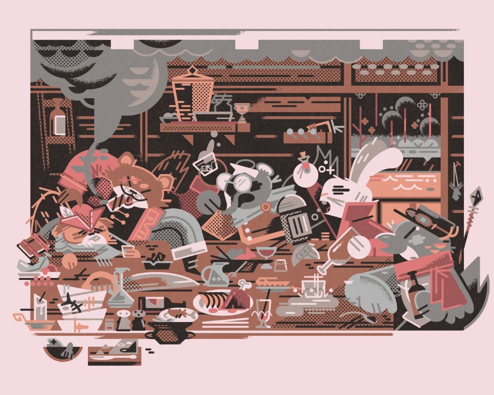 2025 limited color group commission 

Inside a smokey dining room aboard a river boat pirate ship, a group of adventurers blow off steam. From left to right, an anxious squirrel has drunken to excess, a spirited otter teases them and toasts. A paternalistic skunk with a metal arm scolds them, while a delirious herbalist rabbit offers a solution, and the groups tinkerer, a sparrow, sits with an impulse of a food fight within reach. 